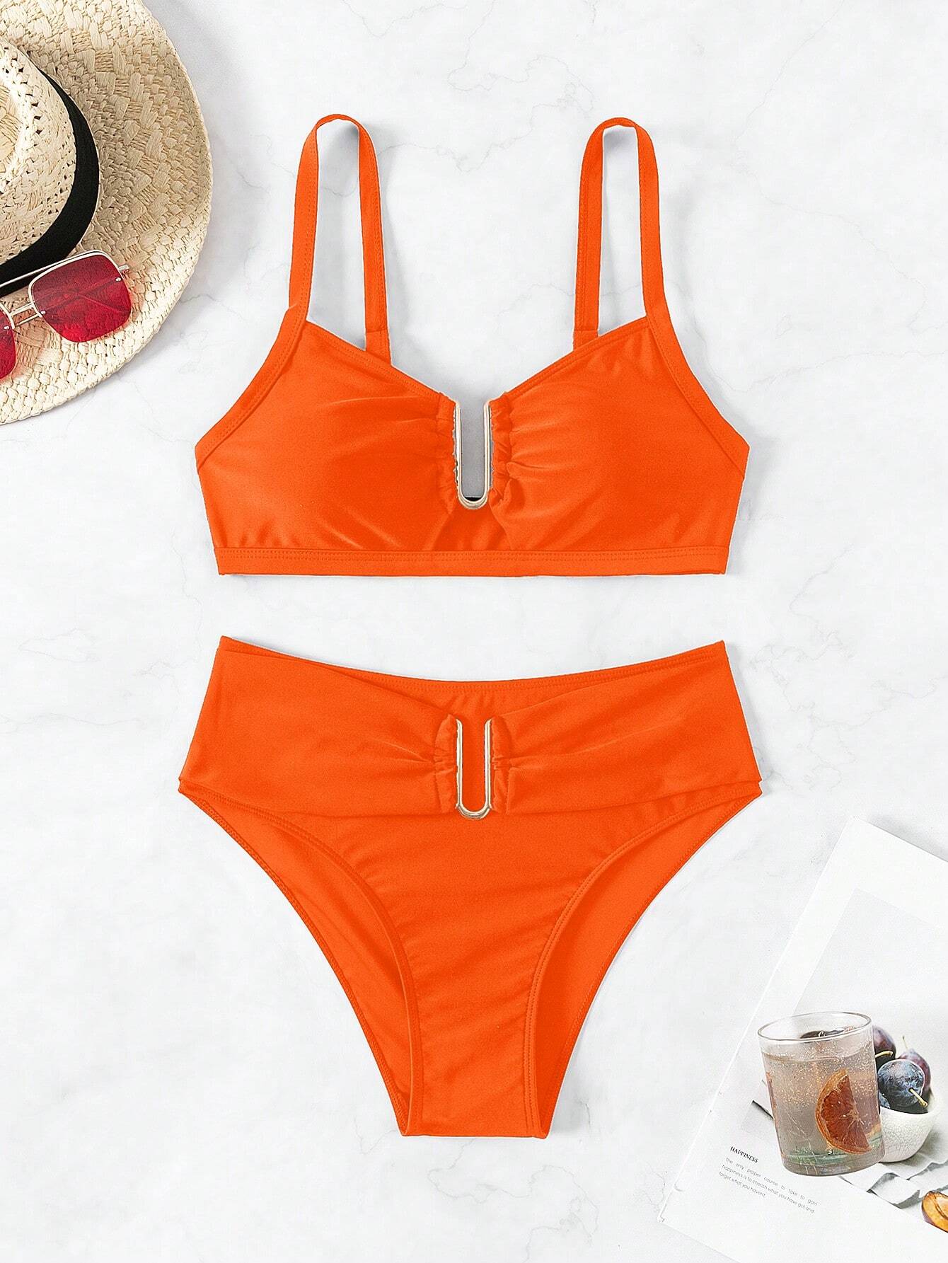 SHEIN Swim Conjunto de Maiô Bikini de 2 Peças com Parte de Baixo e Top, Cor Sólida Laranja com Alça Grossa Ajustável e Decoração em Formato de U Dourado, Primavera/Verão 2026 para Mulheres - Laranja - Visão 5