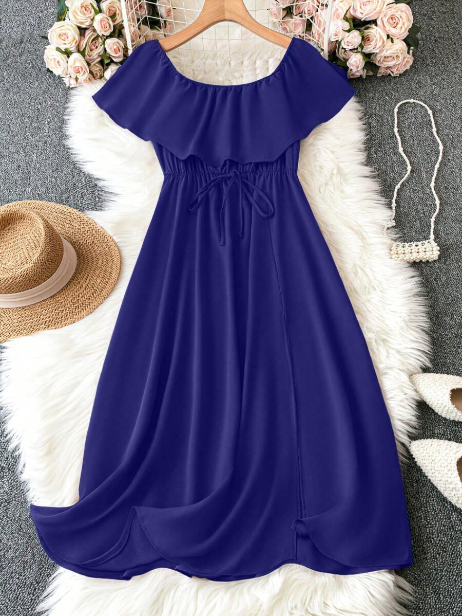 SHEIN LUNE Robe Grande Taille À Taille À Cordon De Serrage Épaules Nues Et Couleur Unie