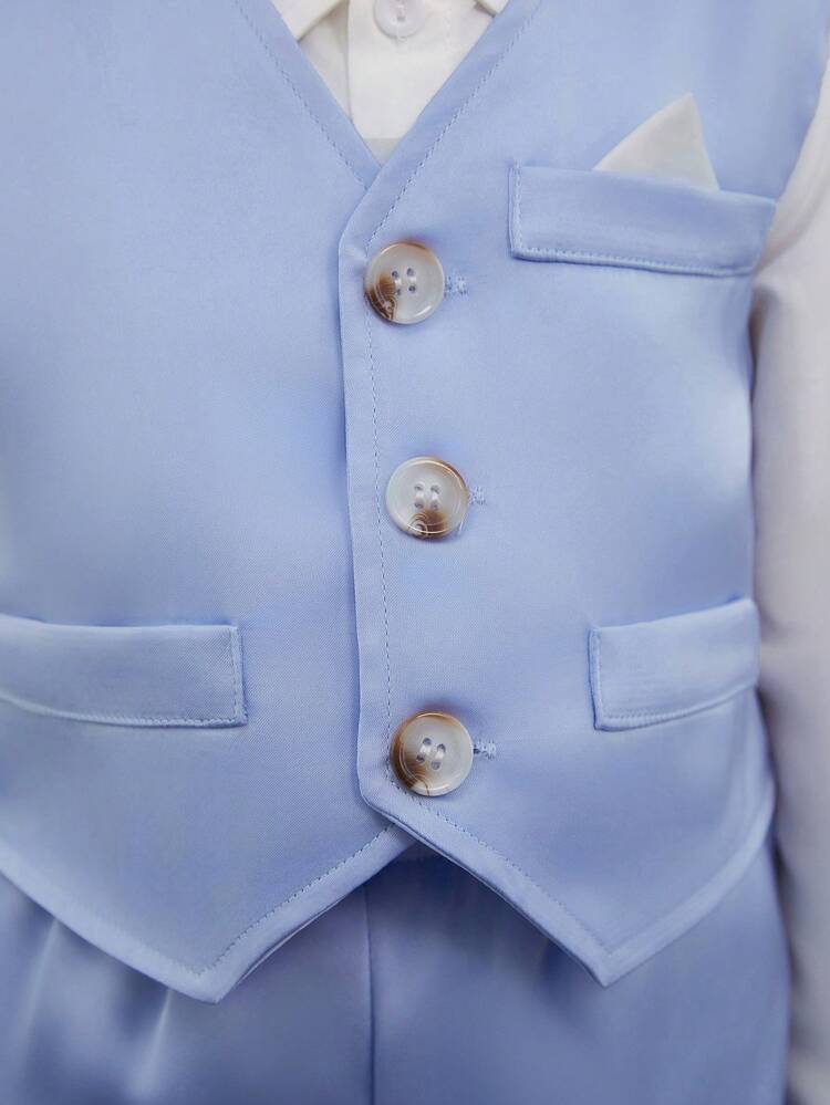 2pcs/Set Young Boy Gentleman Suit, Long Sleeve Blue Satin Vest And Pants For Birthday Party, Wedding, Christening, Anniversary