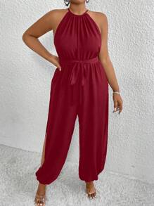 SHEIN Holidaya 大尺碼露肩無袖分褲連身裝 - 酒紅色 - 查看 4