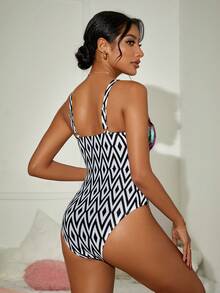 SHEIN Swim Women's Printed Splicing One Piece Swimsuit With Shoulder Straps