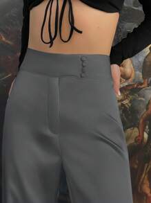 SHEIN Privé Women's Solid Color High Waist Straight Leg Pants - Grey - View 5