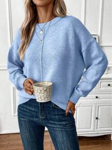 EMERY ROSE Casual Women's Drop Shoulder Round Neck Long Sleeve Sweater,Long Sleeve Tops