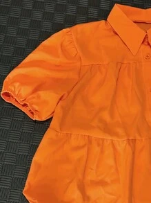 INAWLY Women's Short Bubble Dress With Single Row Buckle And Ruffled Hem - Orange - View 4