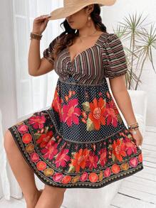 SHEIN Clasi Plus Size Printed Patchwork Twist Knot Sweetheart Neckline Dress - Multicolor - View 6