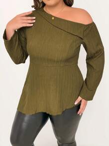 SHEIN Unity Plus Size Asymmetric Collar Drape Side Blouse Fall Cloth For Women - Army Green - View 4