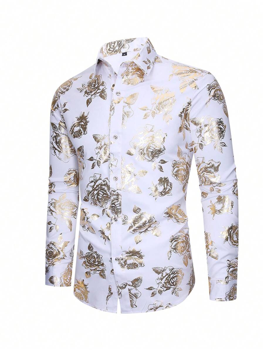 Men's Floral Print Foil Long Sleeve Shirt, Fall - White - View 1