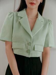 DAZY Solid Color Short Sleeve Turn Down Collar Textured Fabric Cropped Women's Blazer Jacket Business Attire - Green - View 5