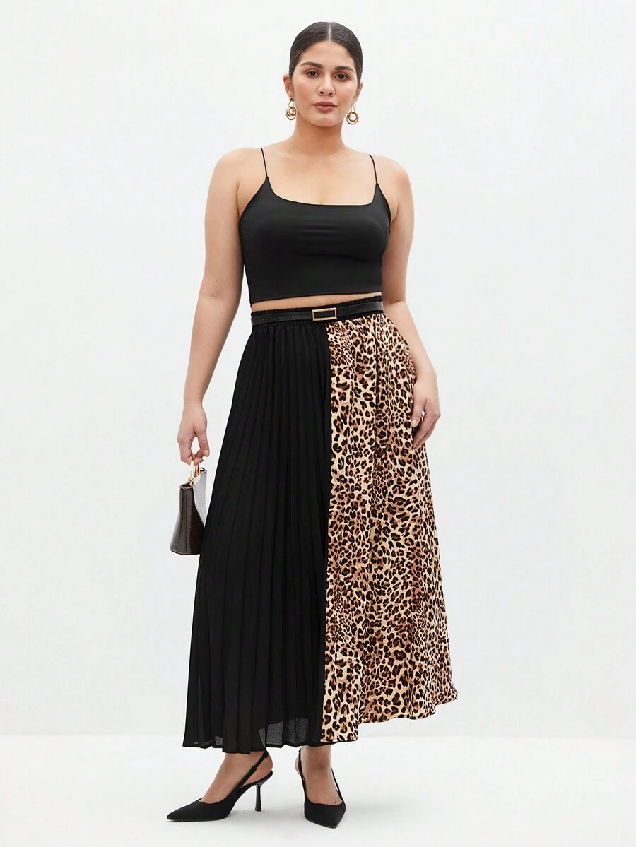 BizChic 豹紋色塊打褶裙，大尺碼 - 黑色 - 查看 1
