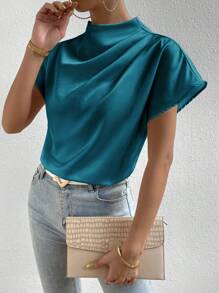 Zielony 纯色圆领蝙蝠袖休闲衬衫，短袖上衣 - 水鴨藍 - 查看 6