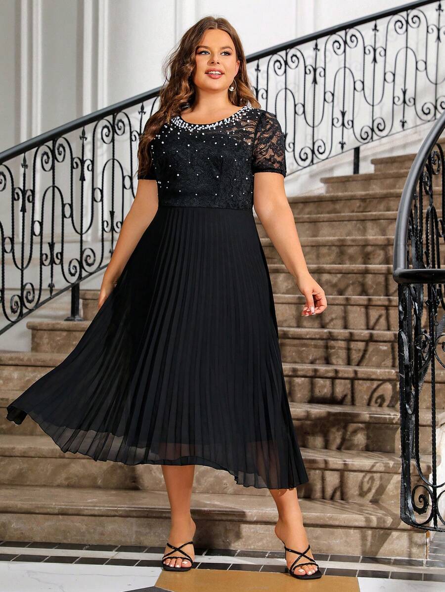 Vestido maxi de encaje y chiffon con cuello ilusión envolvente Óxido Tallas Grandes