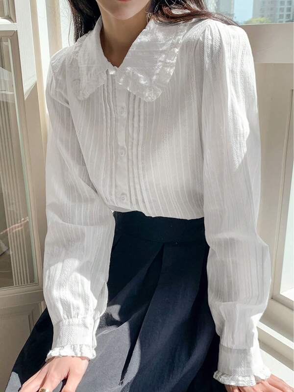 DAZY Peter-Pan Collar Frill Trim Shirt,Long Sleeve Tops Fall