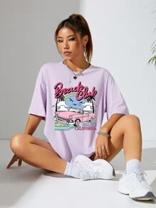 INAWLY Women's Palm Tree & Letter Print Round Neck Drop Shoulder Short Sleeve T-Shirt - Purple - View 3