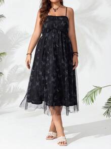 Celure Plus Size Butterfly Printed Mesh Splice Cami Dress