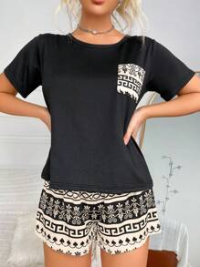 Women's Plant Print Short Sleeve Top And Shorts Pajama Set - Apricot - View 5