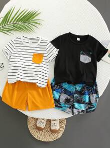 SHEIN 4入組男童休閒條紋塗鴉恐龍印花口袋設計圓領短袖t卹和短褲套裝 - 黃色 - 查看 1