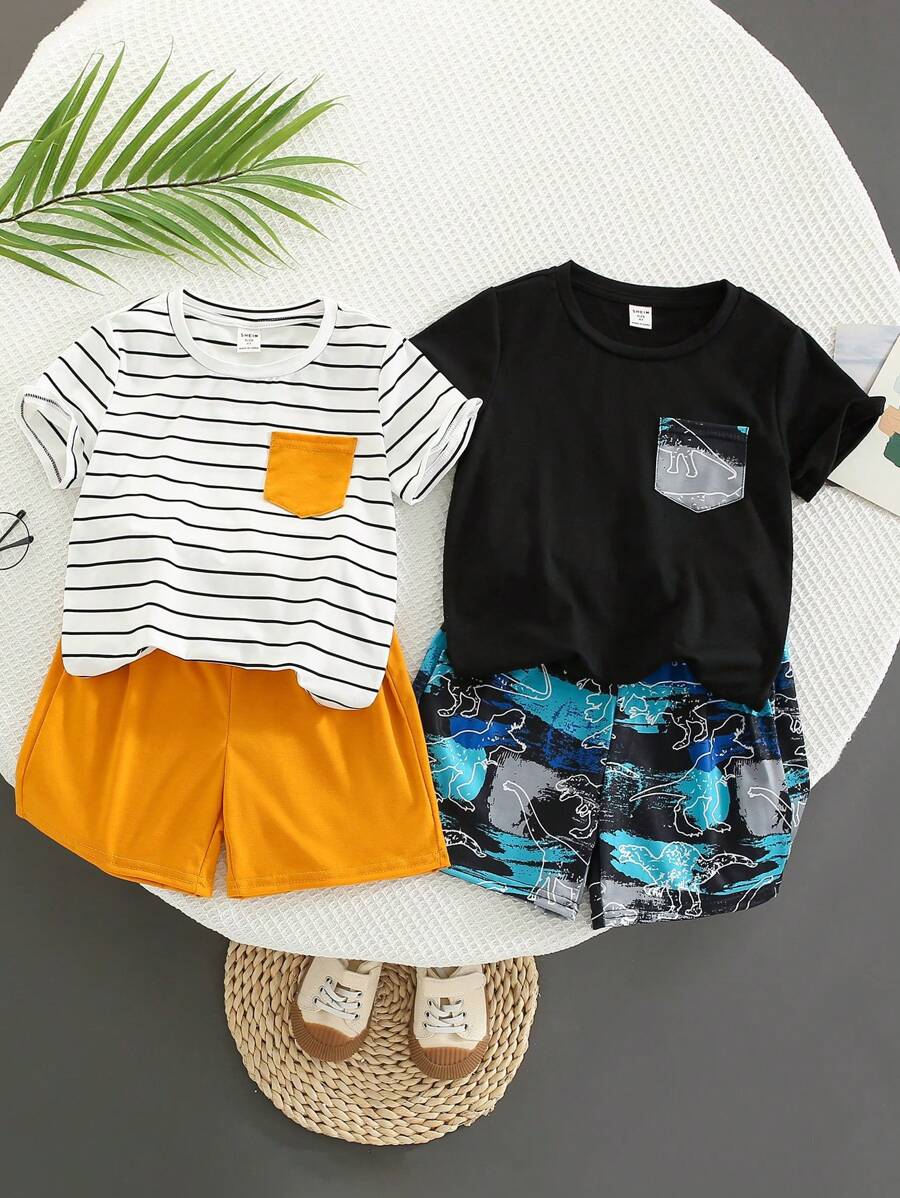 SHEIN 4入組男童休閒條紋塗鴉恐龍印花口袋設計圓領短袖t卹和短褲套裝 - 黃色 - 查看 1