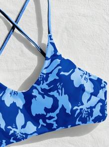 SHEIN Swim 隨機印花十字交叉綁帶分體比基尼套裝，適用於夏季沙灘 - 藍色 - 查看 4