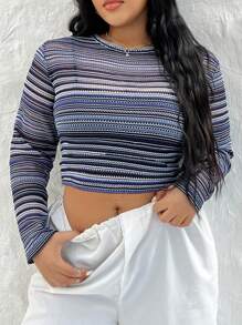 CovetEZ Kích thước lớn Sọc Tay áo dài Quần skinny Áo chui đầu Áo len - Màu xanh lam - Xem 1