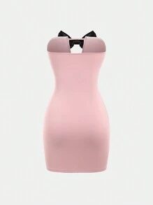 Sweetra Color Block Bow Decorated Bodycon Strapless Dress - Pink - View 2