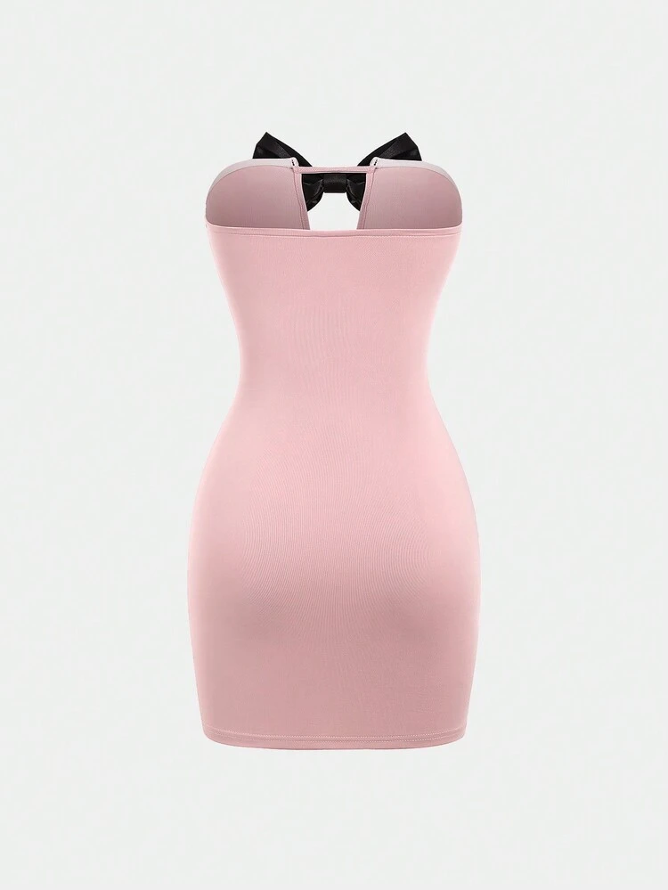Color Block Bow Decorated Bodycon Strapless Dress
