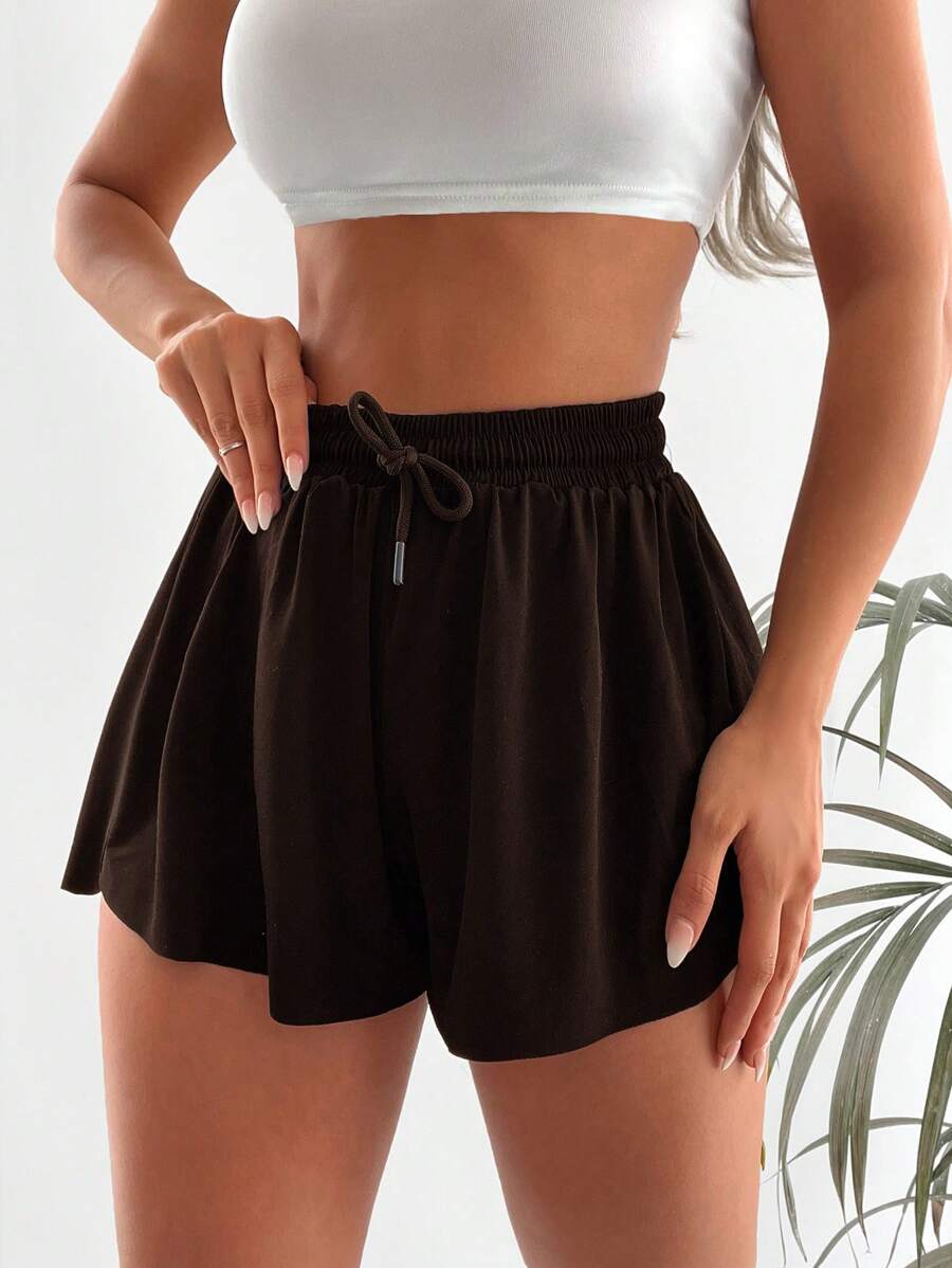 Cottnline Solid Drawstring Waist Casual Shorts - Brown - View 1