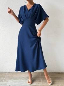 Breezaya V 领褶皱蝙蝠袖连衣裙长款女装 - 深色水洗藍 - 查看 4