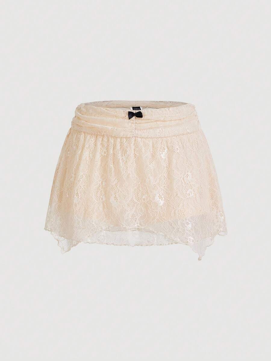 SHEIN Qutie Váy cạp trễ bất đối xứng cho nữ có ren và trang trí nơ - Màu be - Xem 1