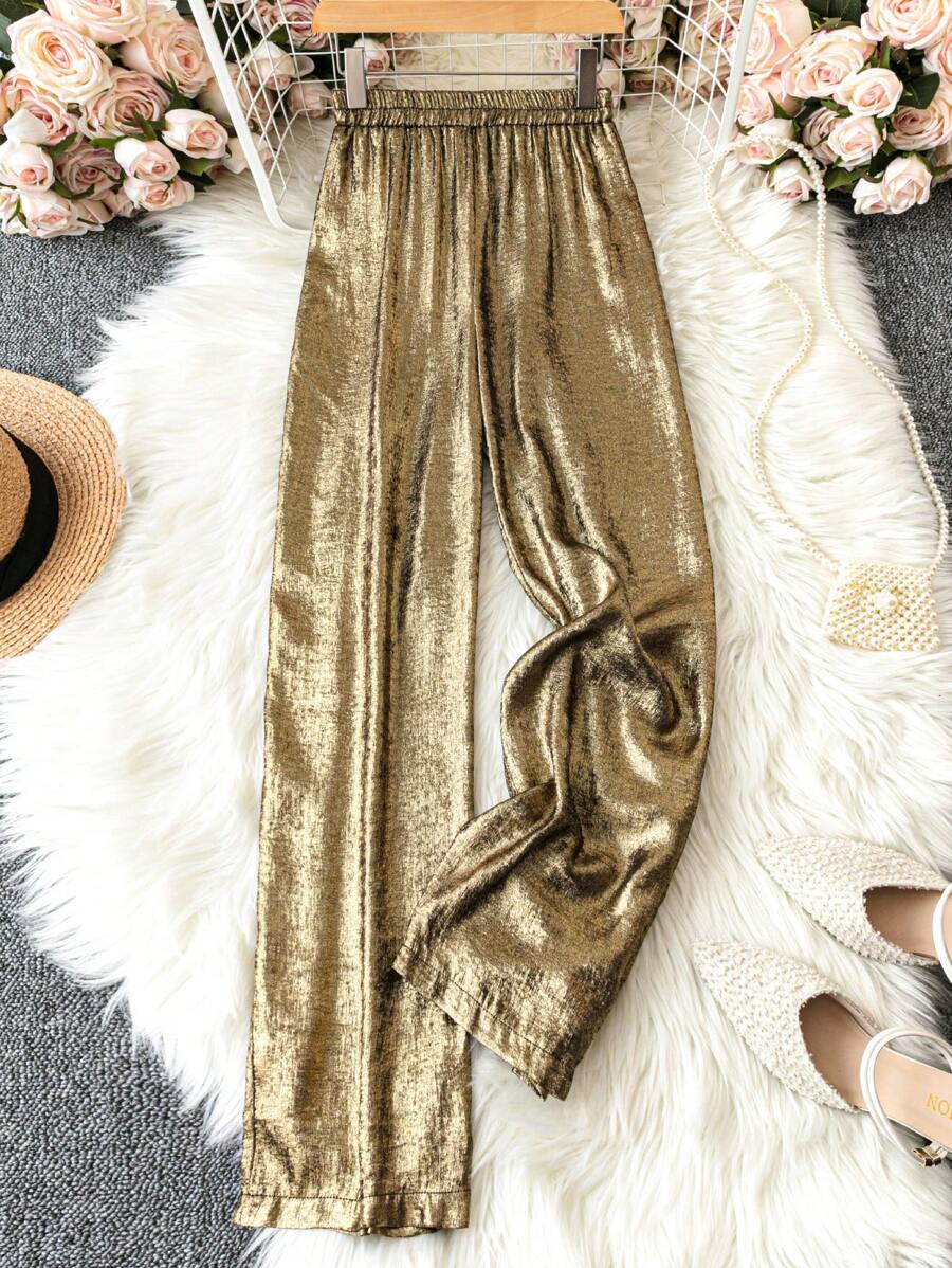 EMERY ROSE 女士彈性腰金屬面料長褲 - 銅色 - 查看 1