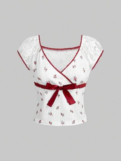 Kawaii Blumige Patchwork-Spitze T-Shirt für Frauen Mit Roten Schleife verziert Für Sommer