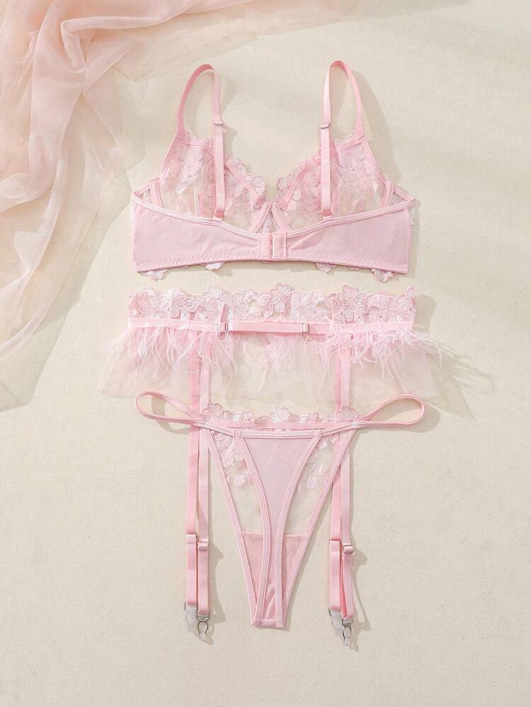 Women's Feather Embroidery Contrast Mesh Sheer Sexy Lingerie Set