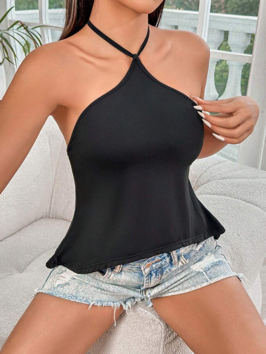 SHEIN Essnce Của phụ nữ Màu thuần Không lưng Áo hai dây - màu đen - Xem 1