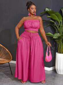 Slaydiva Conjunto de top sin tirantes con volantes y pantalones de pierna ancha en unicolor para mujer talla grande - Rosa Fucsia - Ver 4