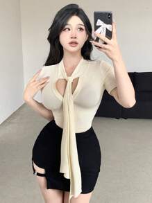 DAZY 女士純色中袖上衣,前片披肩設計 - 杏色 - 查看 4