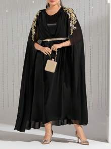 Modelyn Plus Size Women's Embroidered Cape Sleeve Arabic Dress,Elegant Evening Party Dress Long Evening Dresses