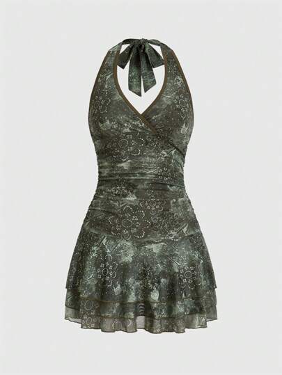 Hippie Floral Print Ruffle Hem Plus Size Dress With Backless Design