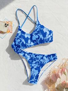 SHEIN Swim 隨機印花十字交叉綁帶分體比基尼套裝，適用於夏季沙灘 - 藍色 - 查看 8