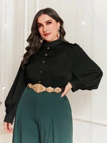 Modelyn Plus Size Solid Color Stand Collar Lantern Sleeve Shirt - Black - View 4