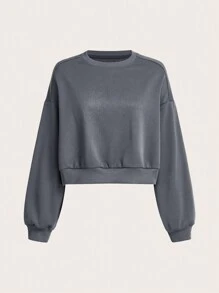 Easithlete Solid Color Drop Shoulder Cropped Sports Sweatshirt - Dark Grey - View 1