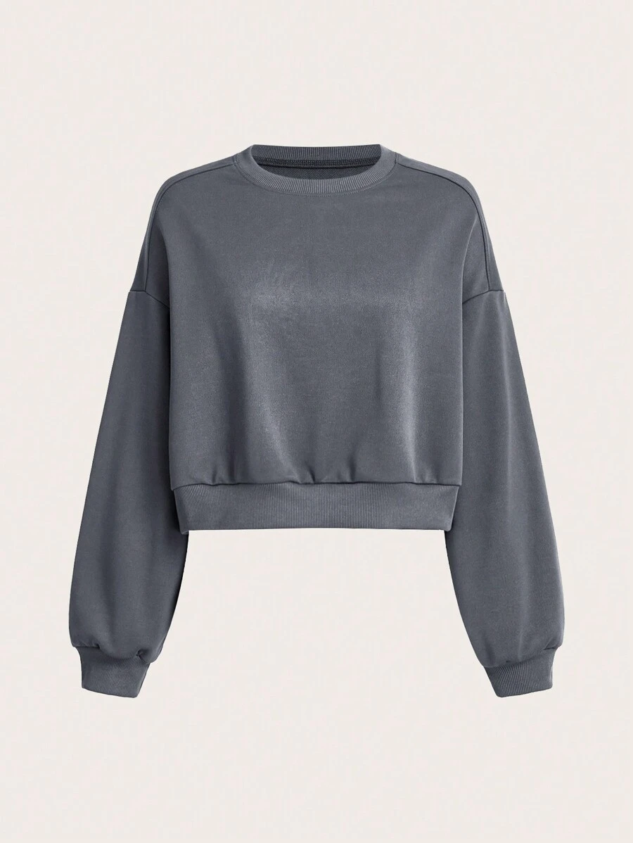 Easithlete Solid Color Drop Shoulder Cropped Sports Sweatshirt - Dark Grey - View 1
