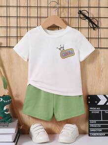 SHEIN Bebis Pojkar Tecknad Film Bokstavstryck Runda Hals T-shirts Med Regelbunden Shorts Set - Grön - Visa 11