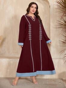 Al Najma Burgundy Red Plus Size Notched Collar Printed Contrast Color Arab Casual Wear With Tie And Belt Kaftan Jalabiya Dress - Burgundy - View 5