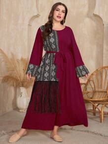 Al Najma Burgundy Red Plus Size Women's Geometric Printed Long Sleeve Dress With Arab-Style Patchwork Kaftan Jalabiya Dress - Burgundy - View 3
