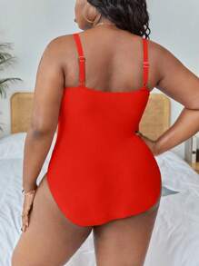 Slaydiva 1pc Asymmetrical Patchwork Sexy Plus Size Women One Piece Swimsuit Summer - Red - View 2