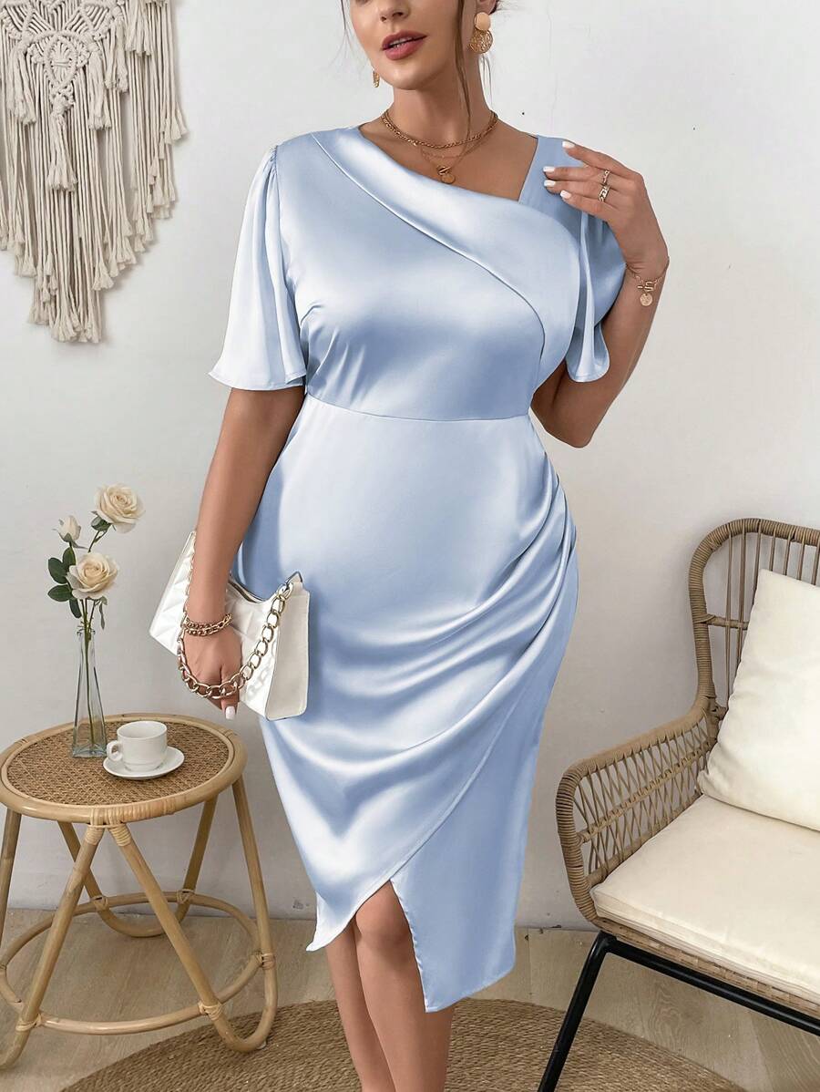 SHEIN Clasi 大尺碼女性不對稱領短袖連衣裙 - 藍色 - 查看 1