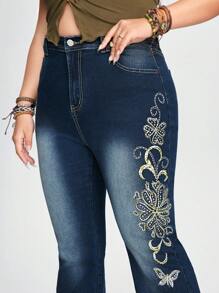 ROMWE Fairycore Quần Jeans Ống Loe Bó Sát Thêu Bướm Và Đá Rhinestone Y2k Cỡ Lớn Cho Nữ - Màu xanh lam - Xem 6