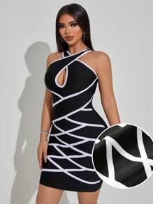 SHEIN SXY Casual Sexy Date Black Bandage White Structure Trim Strip Skinny Mini Dress - Black - View 2