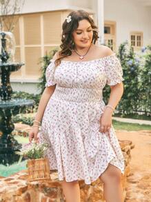 Dreamara Vestido romántico de línea A estampado con flores rosadas, de hombros descubiertos, con mangas con volantes y cintura ajustada, para vacaciones en el campo para tallas grandes en verano