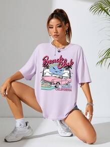 INAWLY Women's Palm Tree & Letter Print Round Neck Drop Shoulder Short Sleeve T-Shirt - Purple - View 6