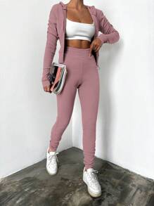 EURMUSE Women's Solid Color Hoodie And Pants Set - Dusty Pink - View 1